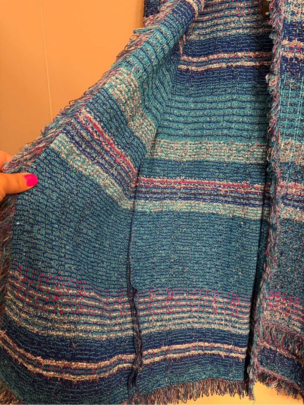 RARE NWT St. John Collection "Lagoon Multi" Tweed Fringe Cardigan Duster Coat - Picture 5 of 11